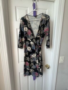 Express Floral Wrap Dress - Black with Pink & Blue Accents